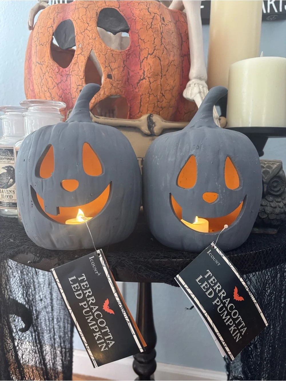 Pair Terracotta LED Halloween Pumpkins Jack O’ Lantern Luminary Spooky New